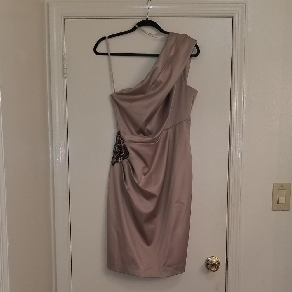 Eliza J One-Shoulder Satin Sheath Dress in Dusty Mauve with Beaded Accent